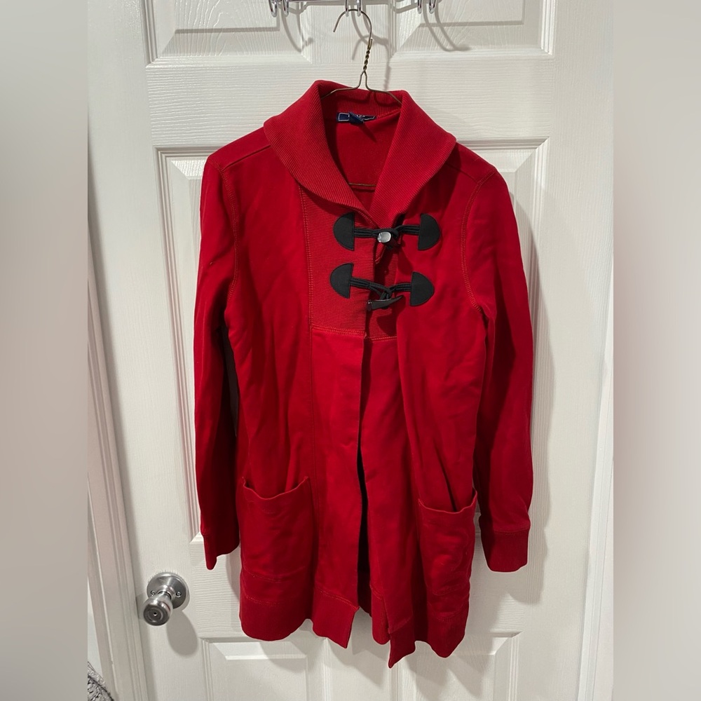 Chaps long cardigan, with unique closure feature, red, size S. Good condition. - Picture 1 of 8